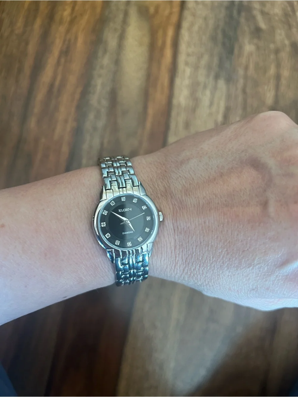 Elgin Women's Silver Bracelet Watch with Black Dial and Diamond Markers